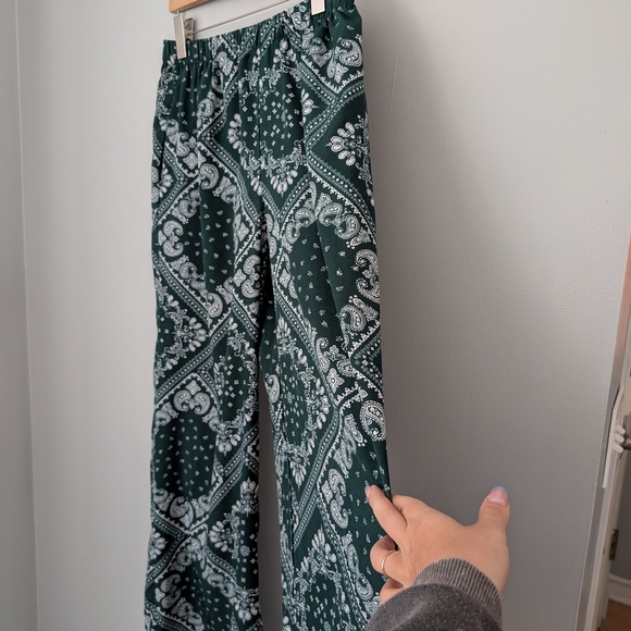 Chic Dark Green Patterned Wide Leg Paisley Elastic Waist Pullon Pant Large - Picture 2 of 4